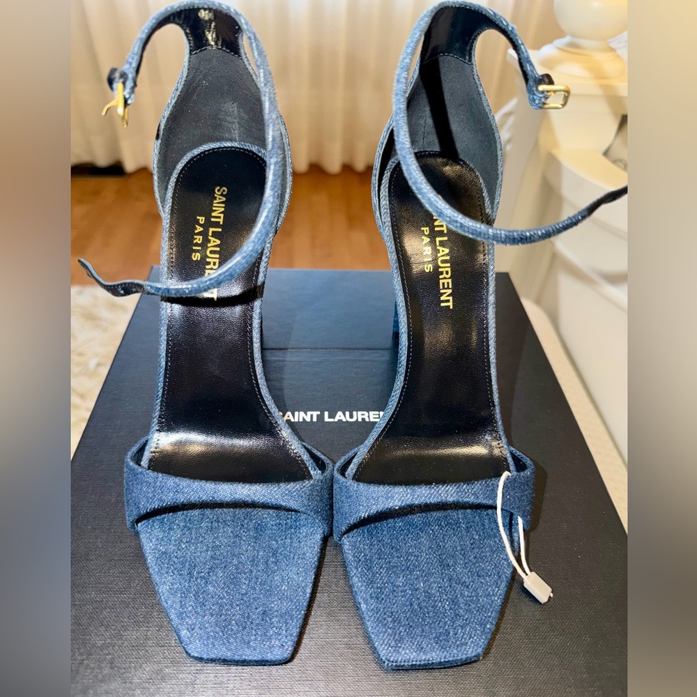 *Brand New*Saint Laurent Denim Ankle-Strap Stiletto Sandals in Blue